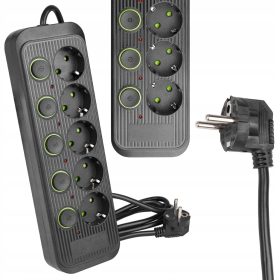   Hálózati Hosszabbító Kábel 5x Aljzat Ki/Be Kapcsoló 2m Fekete Masterled