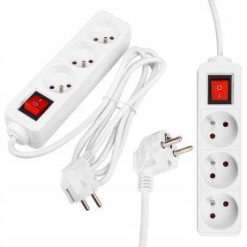   Hálózati Hosszabbító Kábel 3x Aljzat Ki/Be Kapcsoló 1.5m Fehér Masterled