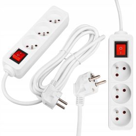   Hálózati Hosszabbító Kábel 3x Aljzat Ki/Be Kapcsoló 3m Fehér Masterled