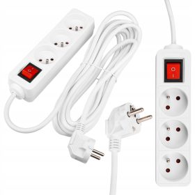   Hálózati Hosszabbító Kábel 3x Aljzat Ki/Be Kapcsoló 5m Fehér Masterled