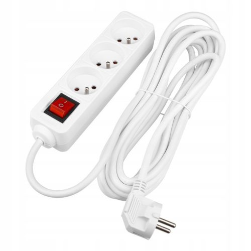 Hálózati Hosszabbító Kábel 3x Aljzat Ki/Be Kapcsoló 5m Fehér Masterled