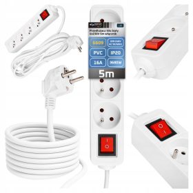   Hálózati Hosszabbító Kábel 4x Aljzat Ki/Be Kapcsoló 5m Fehér Masterled