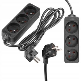   Hálózati Hosszabbító Kábel 3x Aljzat 1.5m Fekete Masterled