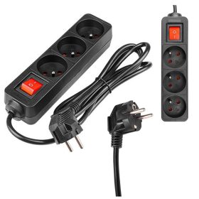   Hálózati Hosszabbító Kábel 3x Aljzat Ki/Be Kapcsoló 1.5m Fekete Masterled