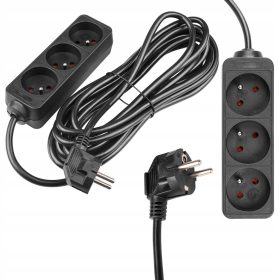   Hálózati Hosszabbító Kábel 3x Aljzat 5m Fekete Masterled