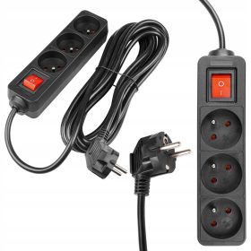   Hálózati Hosszabbító Kábel 3x Aljzat Ki/Be Kapcsoló 5m Fekete Masterled