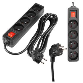   Hálózati Hosszabbító Kábel 4x Aljzat Ki/Be Kapcsoló 3m Fekete Masterled