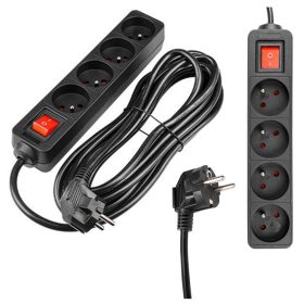   Hálózati Hosszabbító Kábel 4x Aljzat Ki/Be Kapcsoló 5m Fekete Masterled