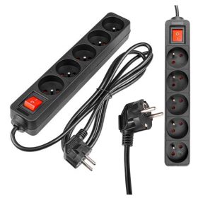   Hálózati Hosszabbító Kábel 5x Aljzat Ki/Be Kapcsoló 1.5m Fekete Masterled