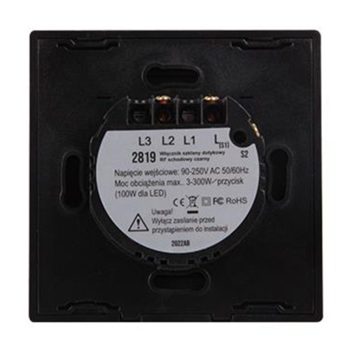 Üveg érintőkapcsoló, egy RF lépcsőkapcsoló, fekete távirányítóval, IP54, Masterled