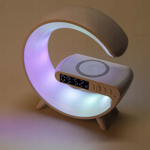 LED asztali lámpa 3W 420lm RGB újratölthető játékra, induktív töltő, Bluetooth hangszóró, ki/be kapcsoló, fehér, Masterled