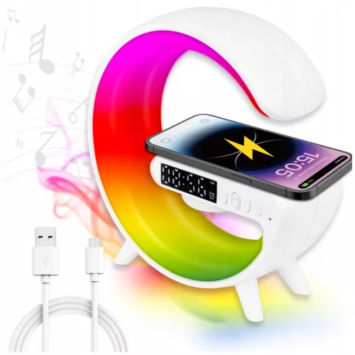 LED asztali lámpa 3W 420lm RGB újratölthető játékra, induktív töltő, Bluetooth hangszóró, ki/be kapcsoló, fehér, Masterled
