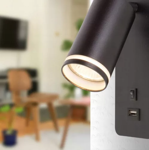 GU10 RING fali lámpa USB-vel és kapcsolóval, fekete