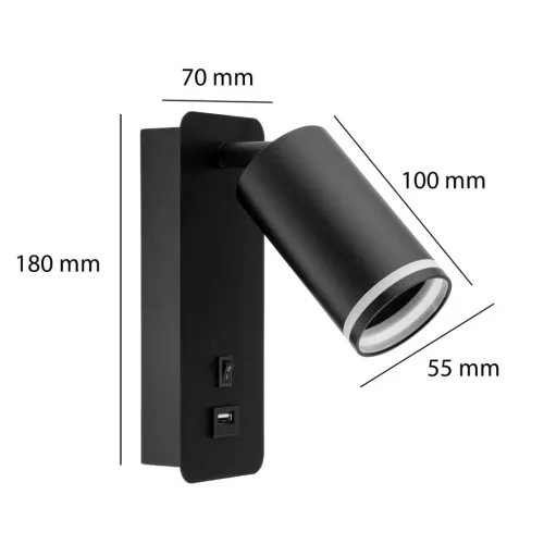 GU10 RING fali lámpa USB-vel és kapcsolóval, fekete