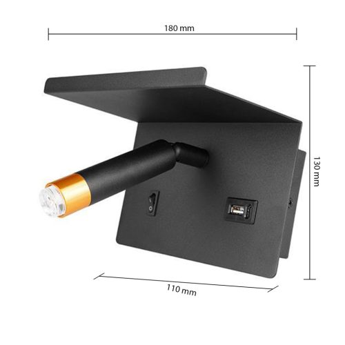 Fali lámpa, spotlámpa, fali lámpa, olvasólámpa, polc, G9, USB-A, USB-C, fekete-arany, Masterled
