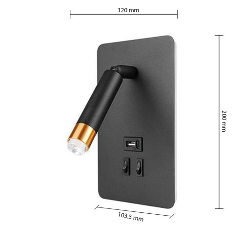 Fali lámpa, reflektor, spotlámpa olvasáshoz, G9 + LED, 4000K, USB-A, USB-C, fekete-arany, Masterled