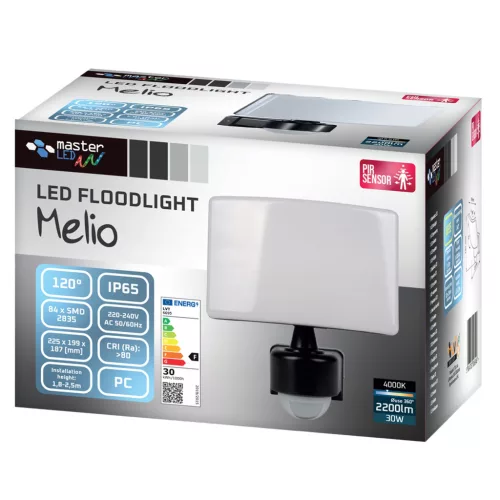 LED Reflektor Halogén Spotlámpa 30W 2200lm 4000K Semleges Mozgásérzékelővel 120° IP65 Fekete Melio Masterled