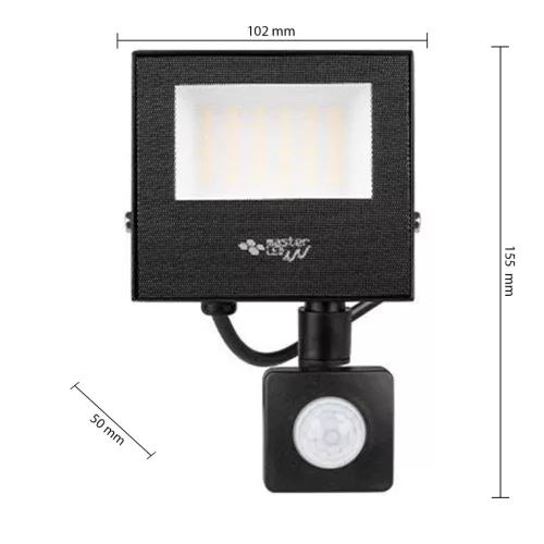 LED Reflektor Halogén 20W 1600lm 4500K Semleges Mozgásérzékelővel 120° IP65 Fekete Tiga Masterled