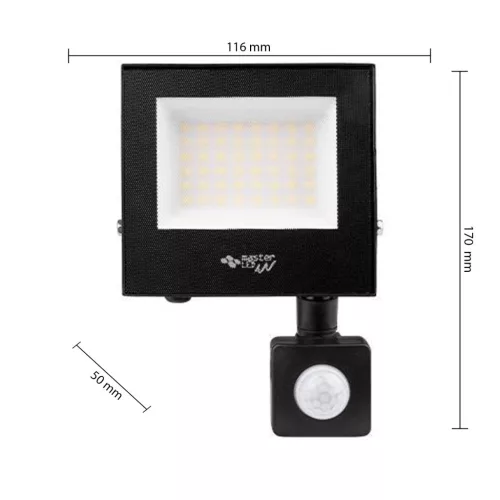 LED Reflektor Halogén 30W 2400lm 4500K Semleges Mozgásérzékelővel 120° IP65 Fekete Tiga Masterled