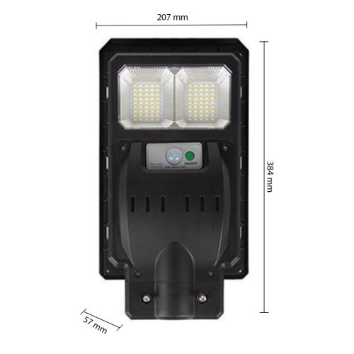 Napelemes LED kerti utcai lámpa 100W 6000K Hidegfényű mozgás- és alkonykapcsolóval, fekete, IP65 Masterled