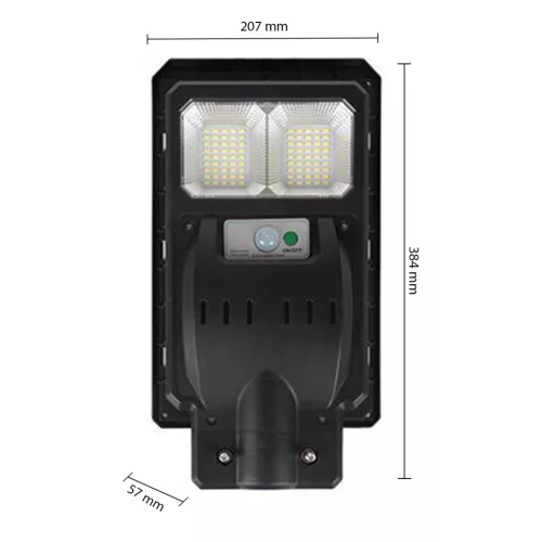 Napelemes LED kerti utcai lámpa 100W 6000K Hidegfényű mozgás- és alkonykapcsolóval, fekete, IP65 Masterled