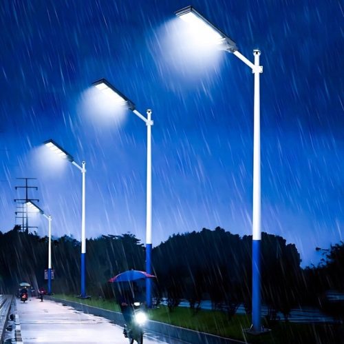 Napelemes LED kerti utcai lámpa, 400 W, 6000 K, hideg fényű, mozgás- és alkonyérzékelővel, fekete, IP65, Masterled