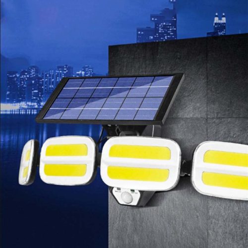 Napelemes reflektor lámpa 4x COB LED 20W 800lm Hideg IP65 mozgásérzékelő + Távirányító