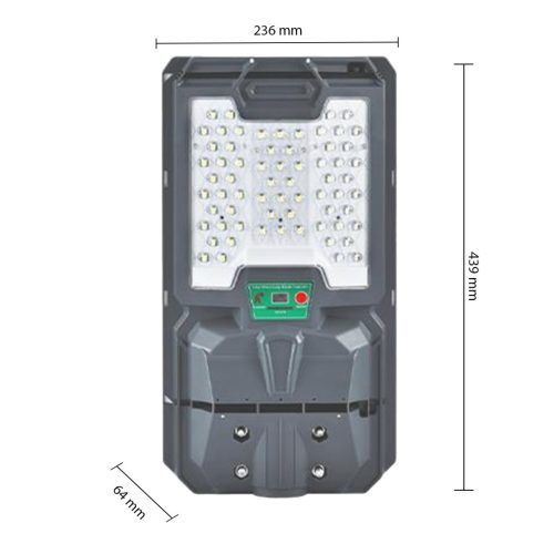 Napelemes LED utcai lámpa 100W 1500lm 6000K Hideg 140° Mozgásérzékelővel Távirányítóval Szabályozható Fényerő Szürke IP65 Lix Masterled