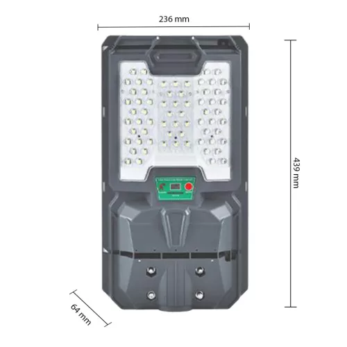 Napelemes LED utcai lámpa 100W 1500lm 6000K Hideg 140° Mozgásérzékelővel Távirányítóval Szabályozható Fényerő Szürke IP65 Lix Masterled