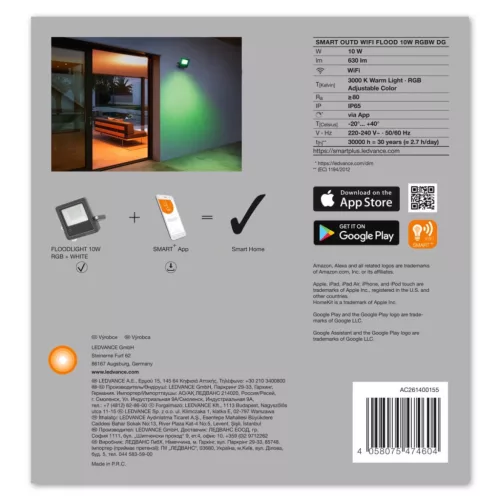 LED reflektor 10W 300lm RGB+W IP65 fekete LEDVANCE Smart+ WiFi Flood