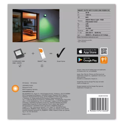 LED reflektor 20W 1260lm RGB+W IP65 fekete LEDVANCE Smart+ WiFi Flood
