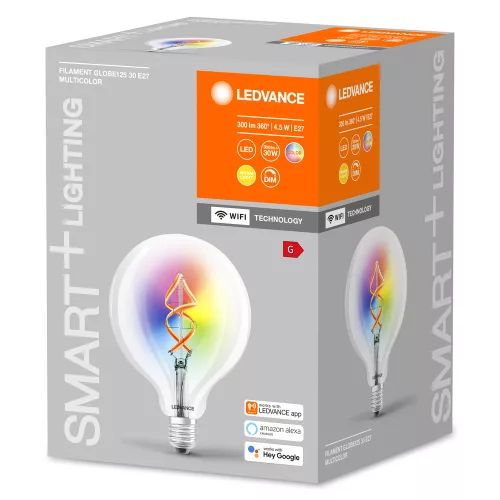 E27 G125 LED izzó 4.5W = 30W 2700K Meleg RGB 300lm 300° LEDVANCE SMART+ WIFI Izzószál szabályozható