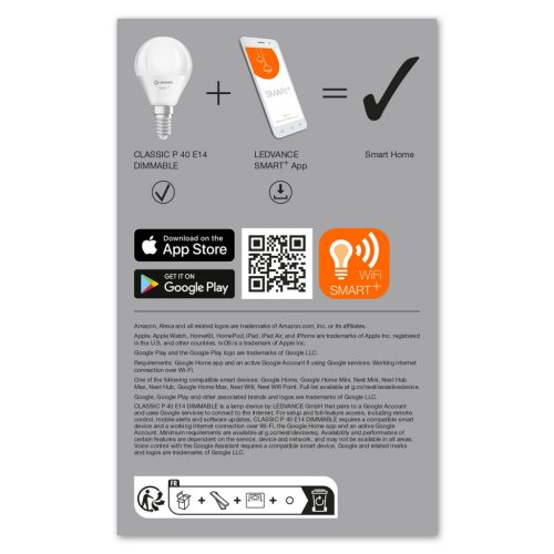 3PAK LED izzó E14 P40 4.9W 470lm 2700K meleg SMART+ WiFi szabályozható mini izzó LEDVANCE