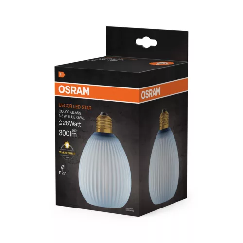 LED izzó E27 ovális 3.5W 300lm 2700K meleg, dekoratív kék Osram