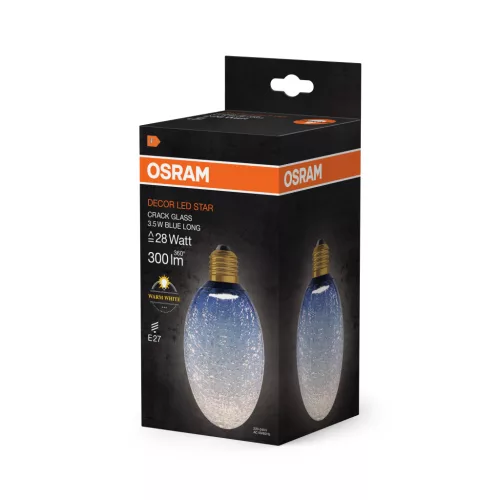 E27 LED izzó ovális, fagyos, 3,5 W, 300 lm, 2700 K, meleg, dekoratív kék, Osram