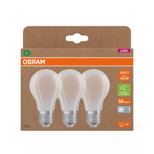 3x LED izzó A60 E27 7.2W = 100W 1521lm 4000K Semleges 320° Izzószálas KLASSZIKUS ENERGIAHATÉKONYSÁG Osram