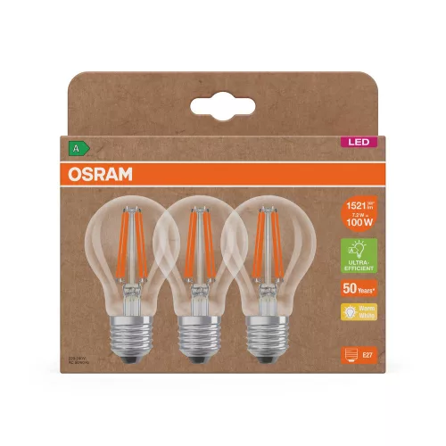 3x LED izzó A60 E27 7.2W = 100W 1521lm 2700K Meleg 300° Izzószálas KLASSZIKUS ENERGIAHATÉKONYSÁG Osram