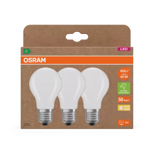3x LED izzó A60 E27 3.8W = 60W 806lm 2700K Meleg 300° Izzószálas KLASSZIKUS ENERGIAHATÉKONYSÁG Osram