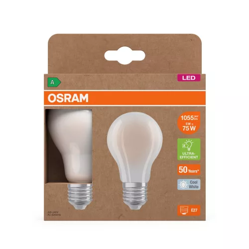 2x LED izzó A60 E27 5W = 75W 4000K 1055lm Semleges 320° Izzószálas KLASSZIKUS ENERGIAHATÉKONYSÁG Osram