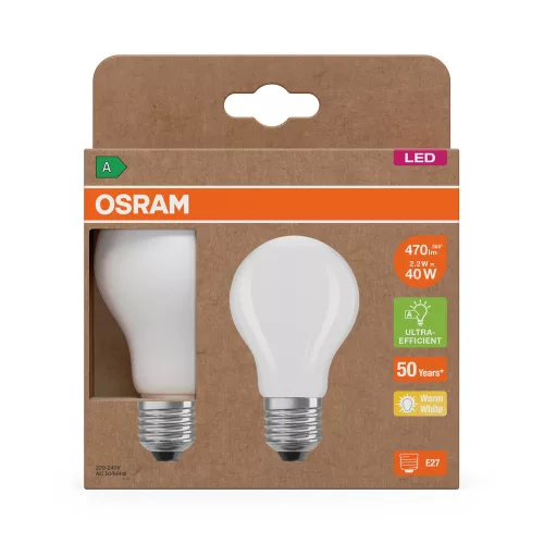 2x LED izzó A60 E27 2.2W = 40W 470lm 2700K Meleg 300° Izzószálas KLASSZIKUS ENERGIAHATÉKONYSÁG Osram