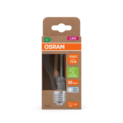 LED izzó A60 E27 5W = 75W 1055lm 4000K Semleges 320° Izzószálas KLASSZIKUS ENERGIAHATÉKONYSÁG Osram