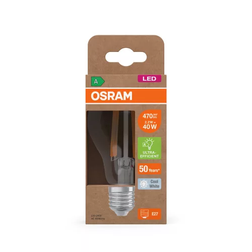 LED izzó A60 E27 2.2W = 40W 470lm 4000K Semleges 320° Izzószálas KLASSZIKUS ENERGIAHATÉKONYSÁG Osram