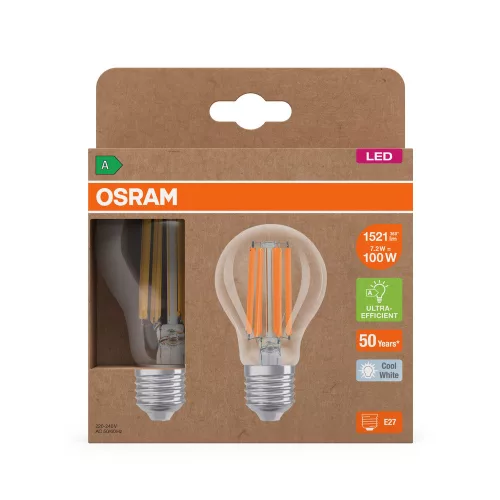 2x LED izzó A60 E27 7.2W = 100W 4000K 1521lm Semleges 320° Izzószálas KLASSZIKUS ENERGIAHATÉKONYSÁG Osram