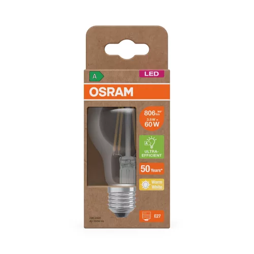 LED izzó A60 E27 3.8W = 60W 806lm 2700K Meleg 300° Izzószálas KLASSZIKUS ENERGIAHATÉKONYSÁG Osram