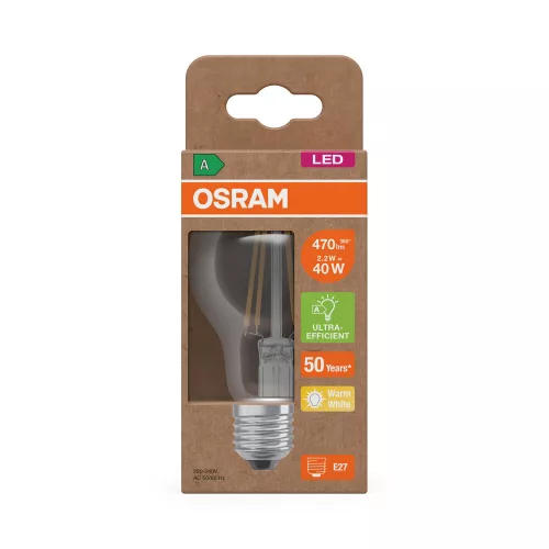LED izzó A60 E27 2.2W = 40W 470lm 2700K Meleg 300° Izzószálas KLASSZIKUS ENERGIAHATÉKONYSÁG Osram