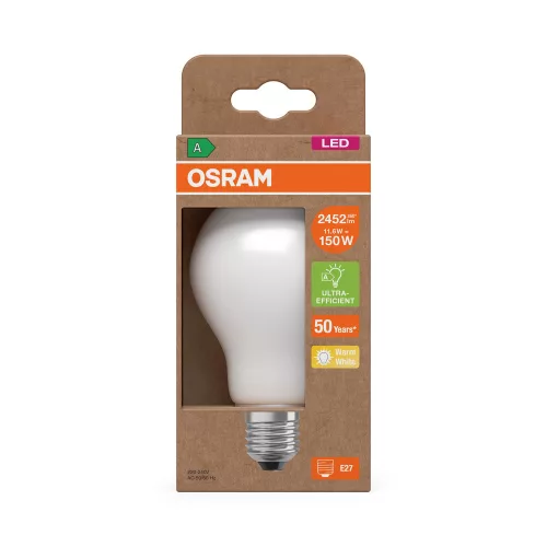 LED izzó A70 E27 11.6W = 150W 2452lm 2700K Meleg 330° Izzószálas KLASSZIKUS ENERGIAHATÉKONYSÁG Osram