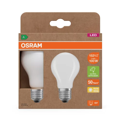 2x LED izzó A60 E27 7.2W = 100W 1521lm 2700K Meleg 300° Izzószálas KLASSZIKUS ENERGIAHATÉKONYSÁG Osram