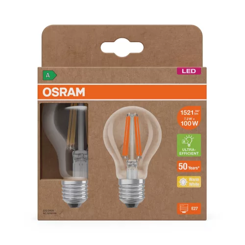 2x LED izzó A60 E27 7.2W = 100W 2700K 1521lm Meleg 300° Izzószálas KLASSZIKUS ENERGIAHATÉKONYSÁG Osram