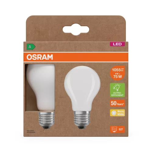 2x LED izzó A60 E27 5W = 75W 2700K 1055lm Meleg 300° Izzószálas KLASSZIKUS ENERGIAHATÉKONYSÁG Osram