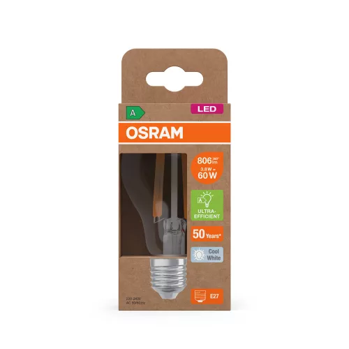 LED izzó A60 E27 3.8W = 60W 4000K 806lm Semleges 320° Izzószálas KLASSZIKUS ENERGIAHATÉKONYSÁG Osram